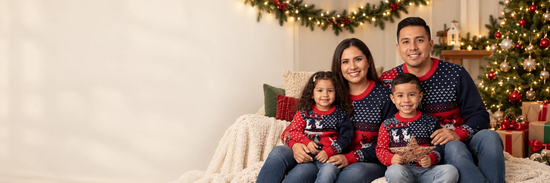 Familia con chompas navideñas junto a su árbol de Navidad