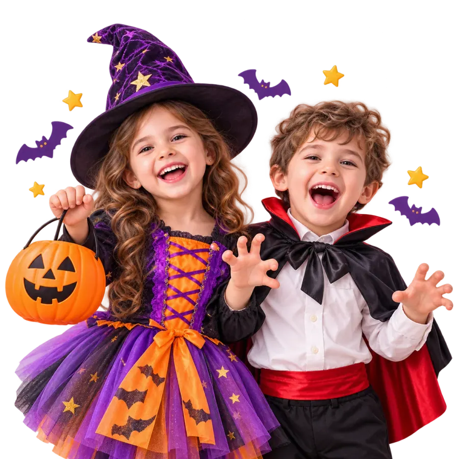 Niña vestida de brujita y niño de vampiro celebrando Halloween