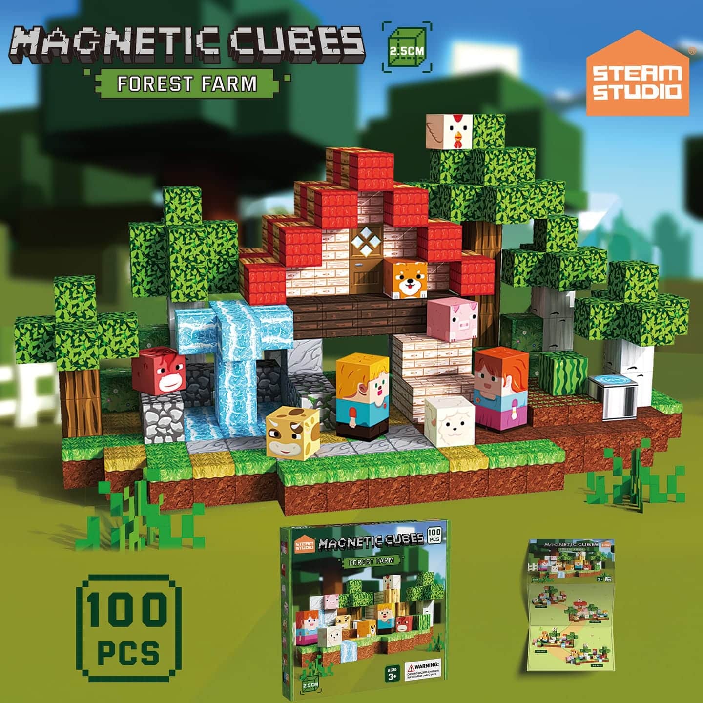 Bloques Magnéticos 100 Piezas Tema Bosque y Granja