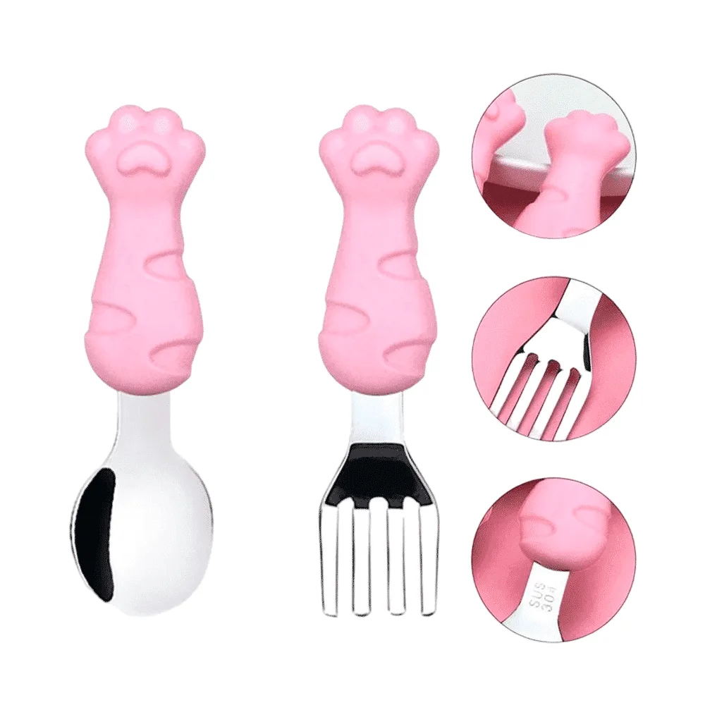 Cubiertos de Silicona Gato Rosado en Bebés | La Mirilla Kids