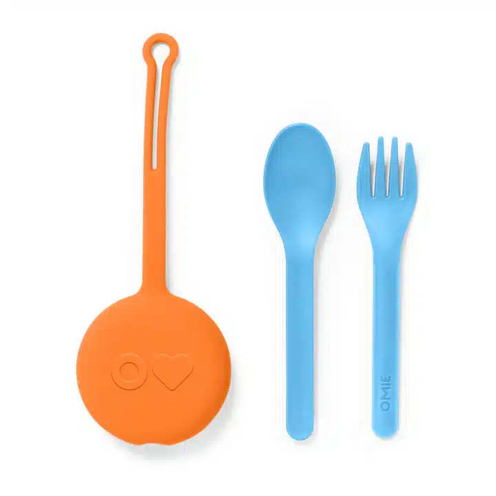 OmiePod Set de Cubiertos con Estuche de Silicona – Anaranjado/celeste