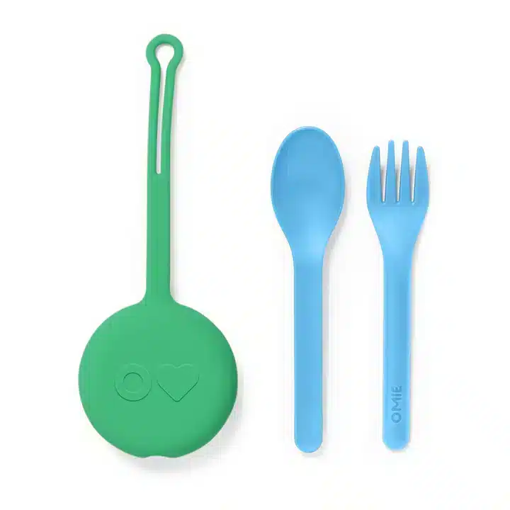 OmiePod Set de Cubiertos con Estuche de Silicona – Verde/celeste