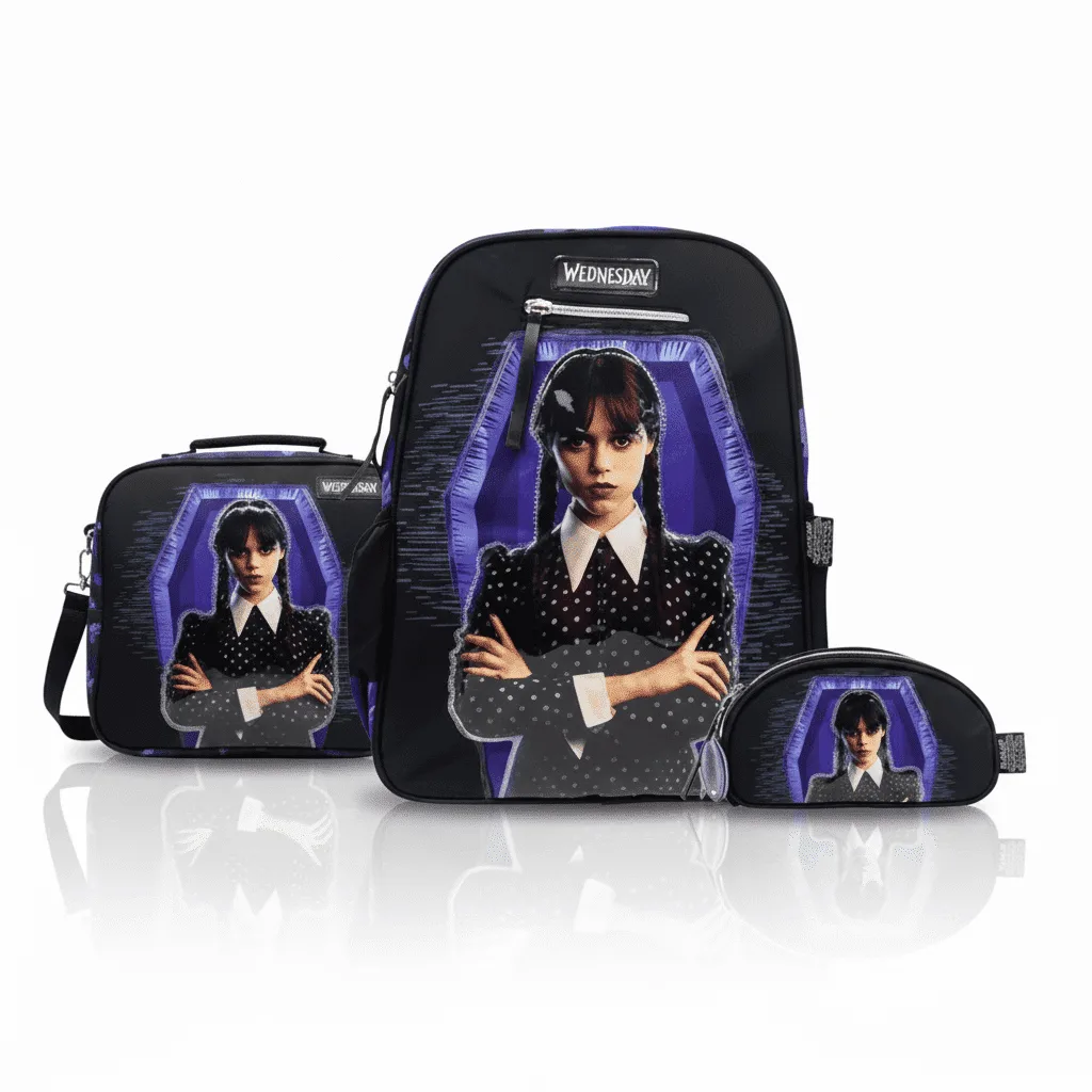 Pack de Mochila Premium Merlina Addams: Mochila Escolar, Lonchera y Cartuchera