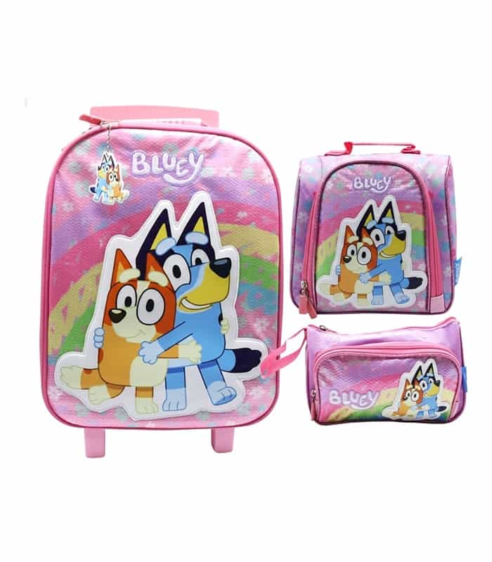 Pack Escolar Maleta Lonchera y Cartuchera Bluey Rosada Premium – 3 Piezas