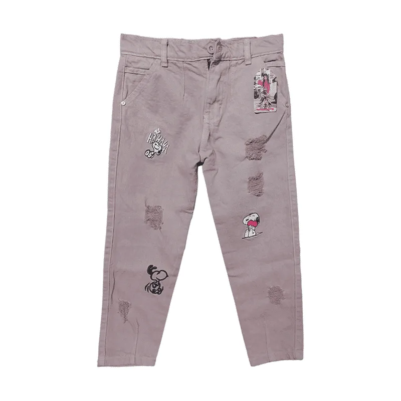 PANTALON JEAN CON DISEÑO DE SNOOPY GUINDO Y MALVA en Ropa Infantil | La Mirilla Kids