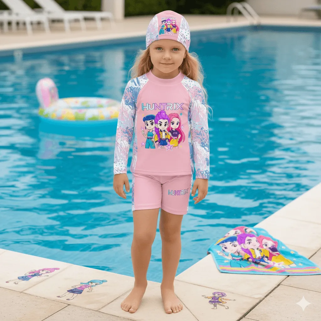 Ropa de Baño Huntrix Melón para Niñas: Conjunto Premium con Protección Uv50+ y Gorro