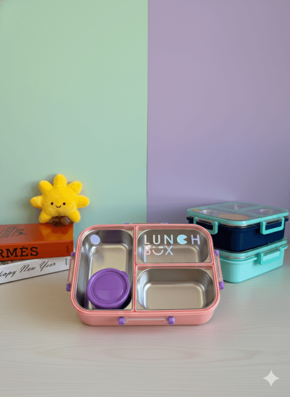 Lonchera de acero rosado con 3 compartimentos y cierre antiderrame La Mirilla Kids