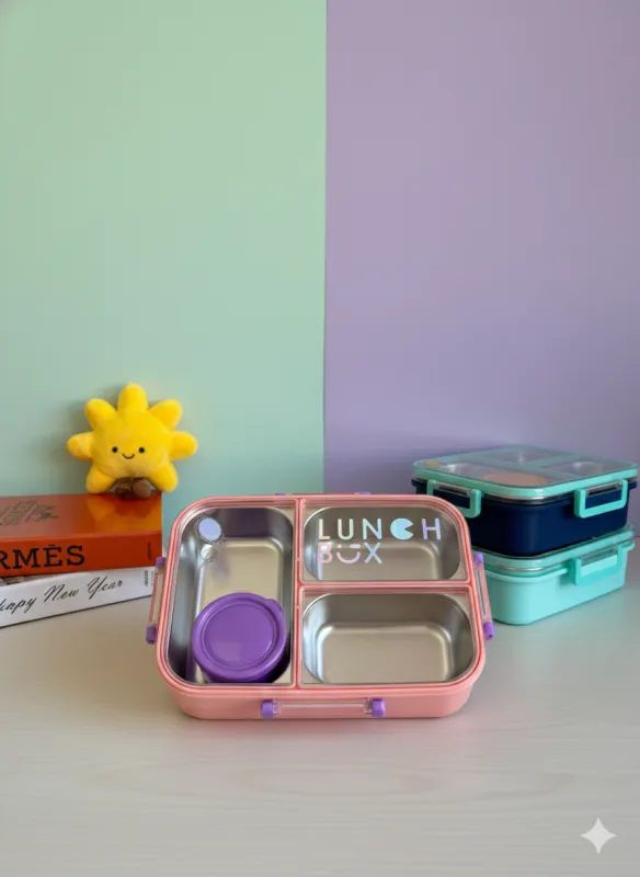 Lonchera de acero rosado con 3 compartimentos y cierre antiderrame La Mirilla Kids