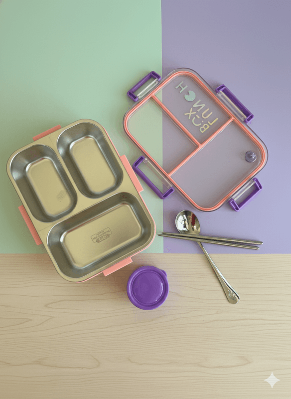 Lonchera de acero rosado con 3 compartimentos y cierre antiderrame La Mirilla Kids