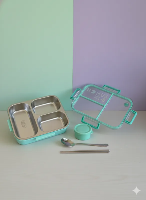 Lonchera de acero verde con 3 compartimentos y cierre antiderrame La Mirilla Kids