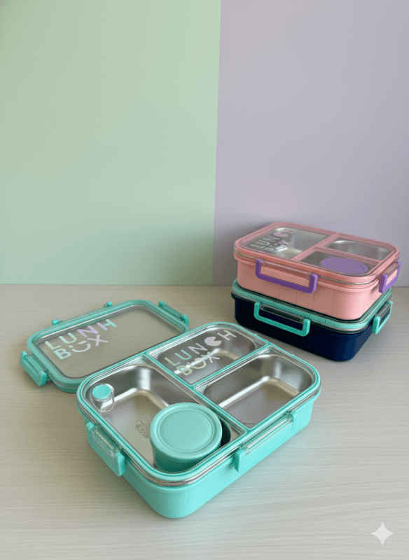 Lonchera de acero verde con 3 compartimentos y cierre antiderrame La Mirilla Kids