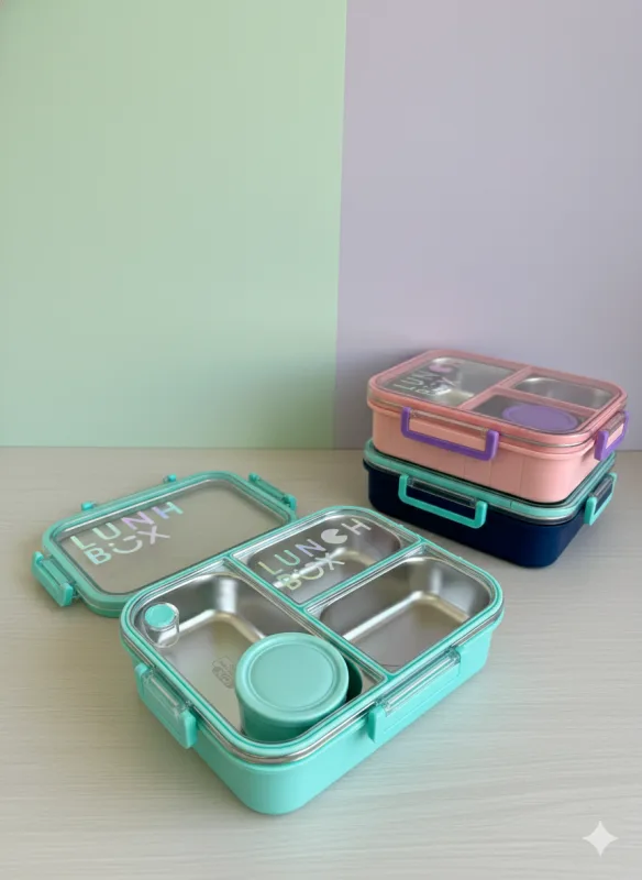 Lonchera de acero verde con 3 compartimentos y cierre antiderrame La Mirilla Kids