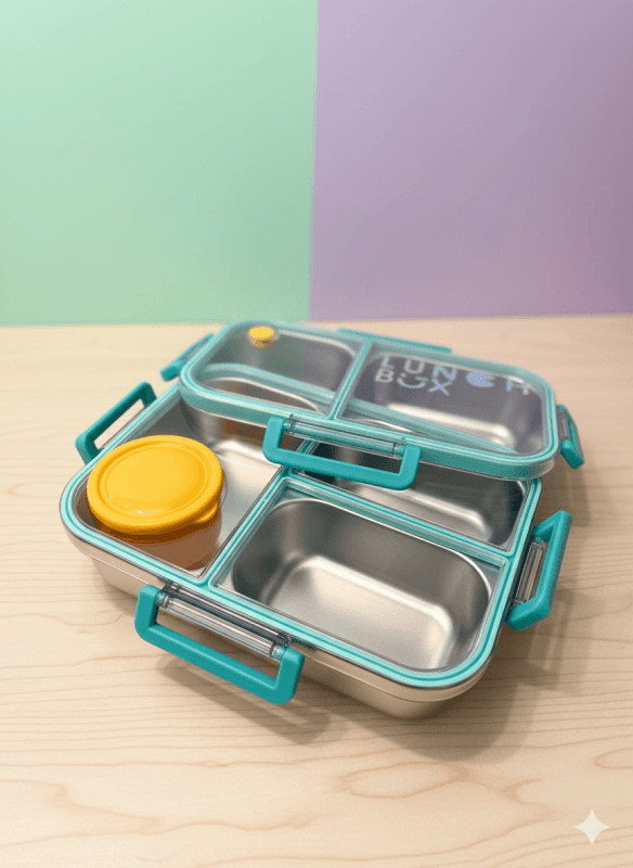 Lonchera de acero verde con amarillo con 3 compartimentos y cierre antiderrame La Mirilla Kids