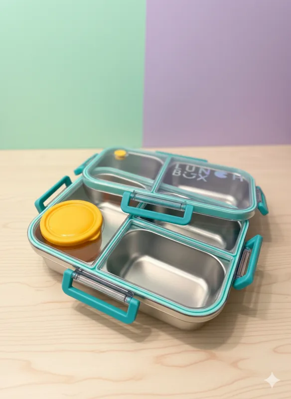 Lonchera de acero verde con amarillo con 3 compartimentos y cierre antiderrame La Mirilla Kids