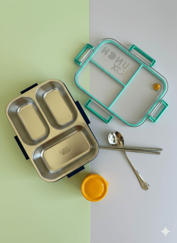 Lonchera de acero verde con amarillo con 3 compartimentos y cierre antiderrame La Mirilla Kids