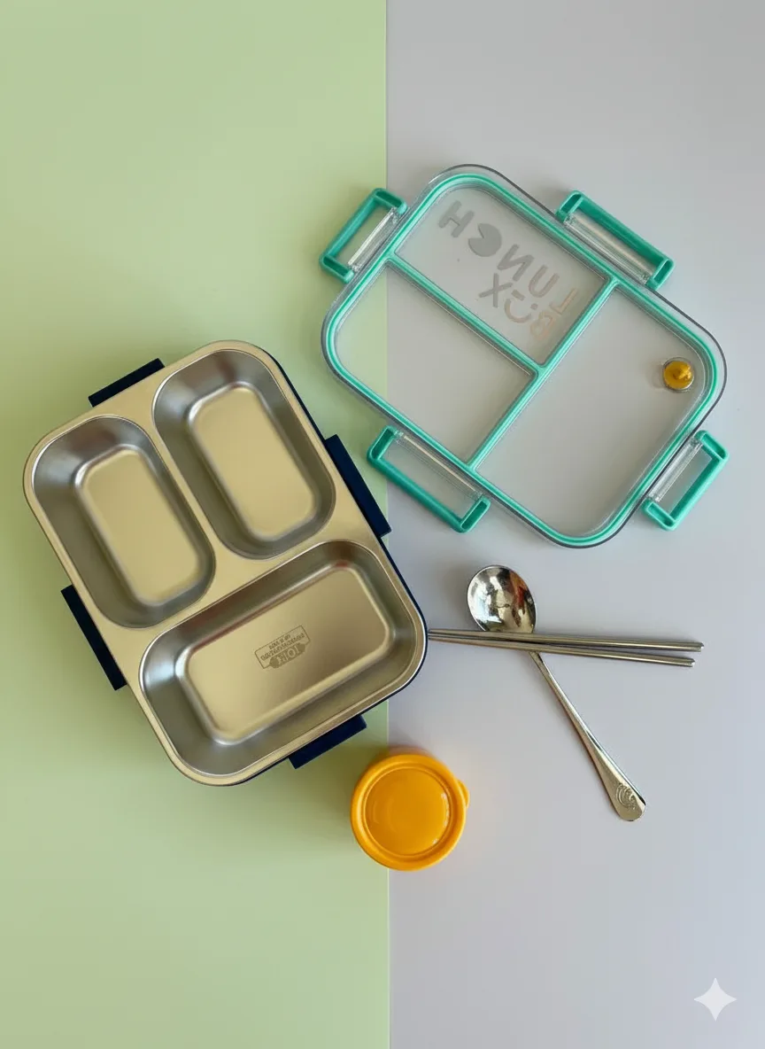 Lonchera de acero verde con amarillo con 3 compartimentos y cierre antiderrame La Mirilla Kids