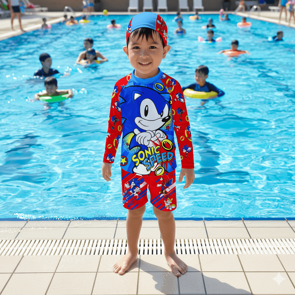 Conjunto-de-ropa-de-bano-de-Sonic-the-Hedgehog-para-ninos-de-dos-piezas-con-proteccion-solar-UV50-y-gorro-de-regalo.png Ropa de Baño de Sonic para Niños 2 Piezas - Protección UV50+ - Imagen 1