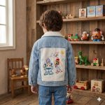 Casaca Jean Toy Story color hielo con bordado de Buzz Lightyear y Woody en la espalda.
