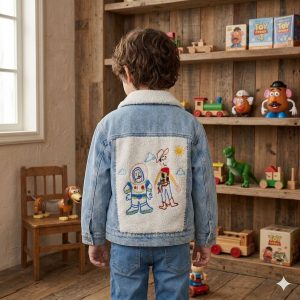 Casaca Jean Toy Story color hielo con bordado de Buzz Lightyear y Woody en la espalda.