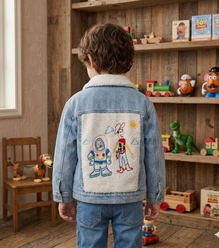 Casaca Jean Toy Story color hielo con bordado de Buzz Lightyear y Woody en la espalda.