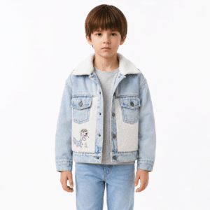 Casaca Jean Toy Story color hielo para niño con forro tipo carnerito y bordado frontal.