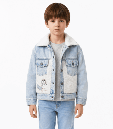 Casaca Jean Toy Story color hielo para niño con forro tipo carnerito y bordado frontal.