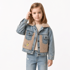 Casaca Jean Toy Story para niña con bordado de Jessie y Tiro al Blanco en la espalda.