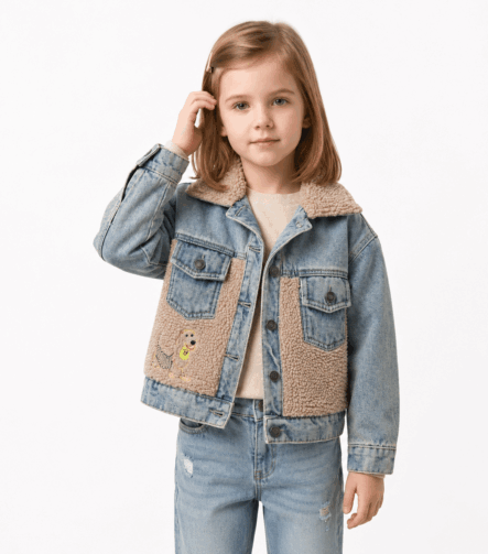 Casaca Jean Toy Story para niña con bordado de Jessie y Tiro al Blanco en la espalda.