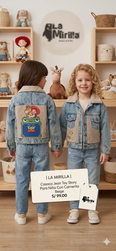 Casaca Jean Toy Story para niña color hielo con forro tipo carnerito y bordado frontal de Zigzag.