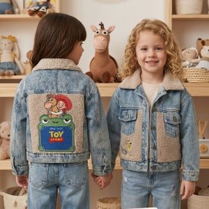 Casaca Jean Toy Story para niña color hielo con forro tipo carnerito y bordado frontal de Zigzag.
