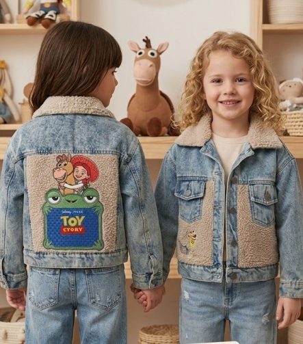 Casaca Jean Toy Story para niña color hielo con forro tipo carnerito y bordado frontal de Zigzag.