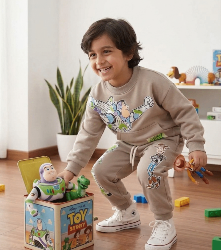 Conjunto Toy Story Beige de algodón perchado para niño con estampado de Buzz Lightyear y Woody.