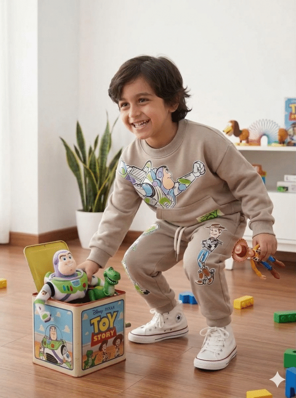 Conjunto Toy Story Beige de algodón perchado para niño con estampado de Buzz Lightyear y Woody.