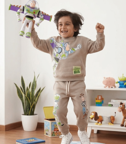 Conjunto Toy Story Beige de algodón perchado para niño con estampado de Buzz Lightyear y Woody.