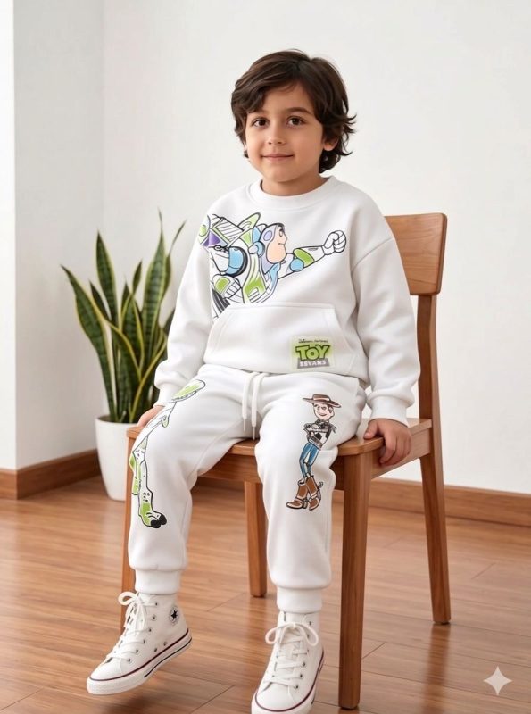 Conjunto Toy Story Blanco de algodón perchado para niño con estampado de Buzz Lightyear y Woody.